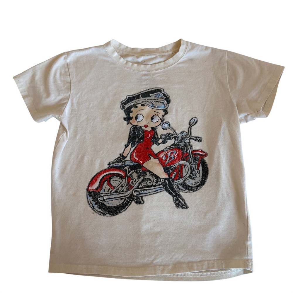 Fleischer Studios Betty Boop Biker Motorcycle Graphic‎ T-Shirt Cream Large